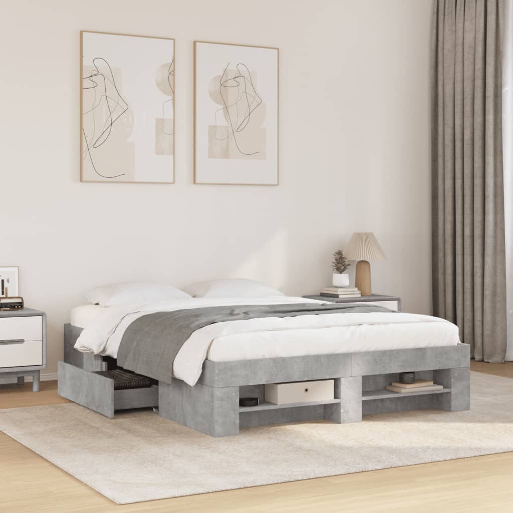 Sengestel 135 x 190 cm i konstrueret træ - betongrå med opbevaring