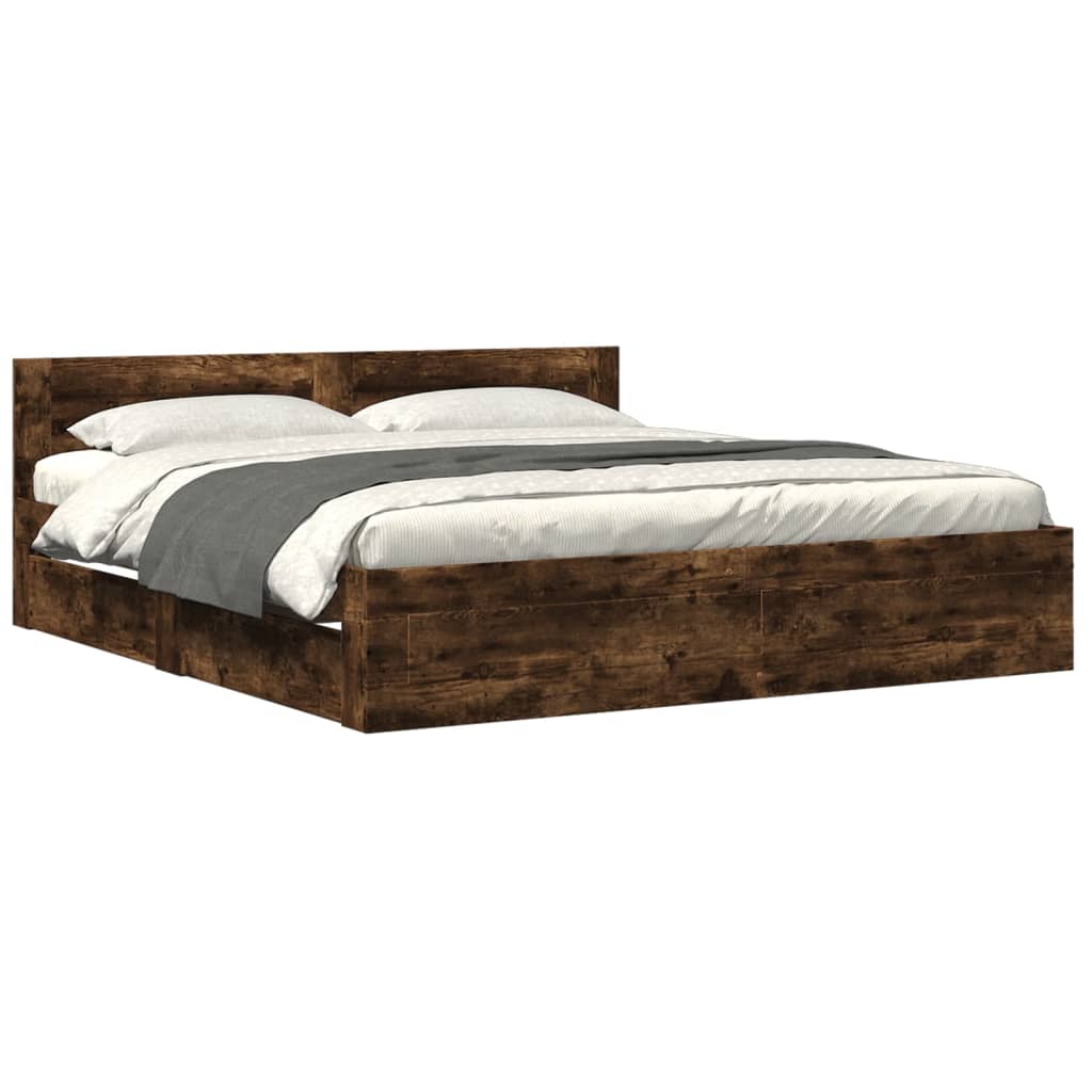 vidaXL Bedframe met hoofdeinde bewerkt hout gerookt eiken 200x200 cm, foto 3