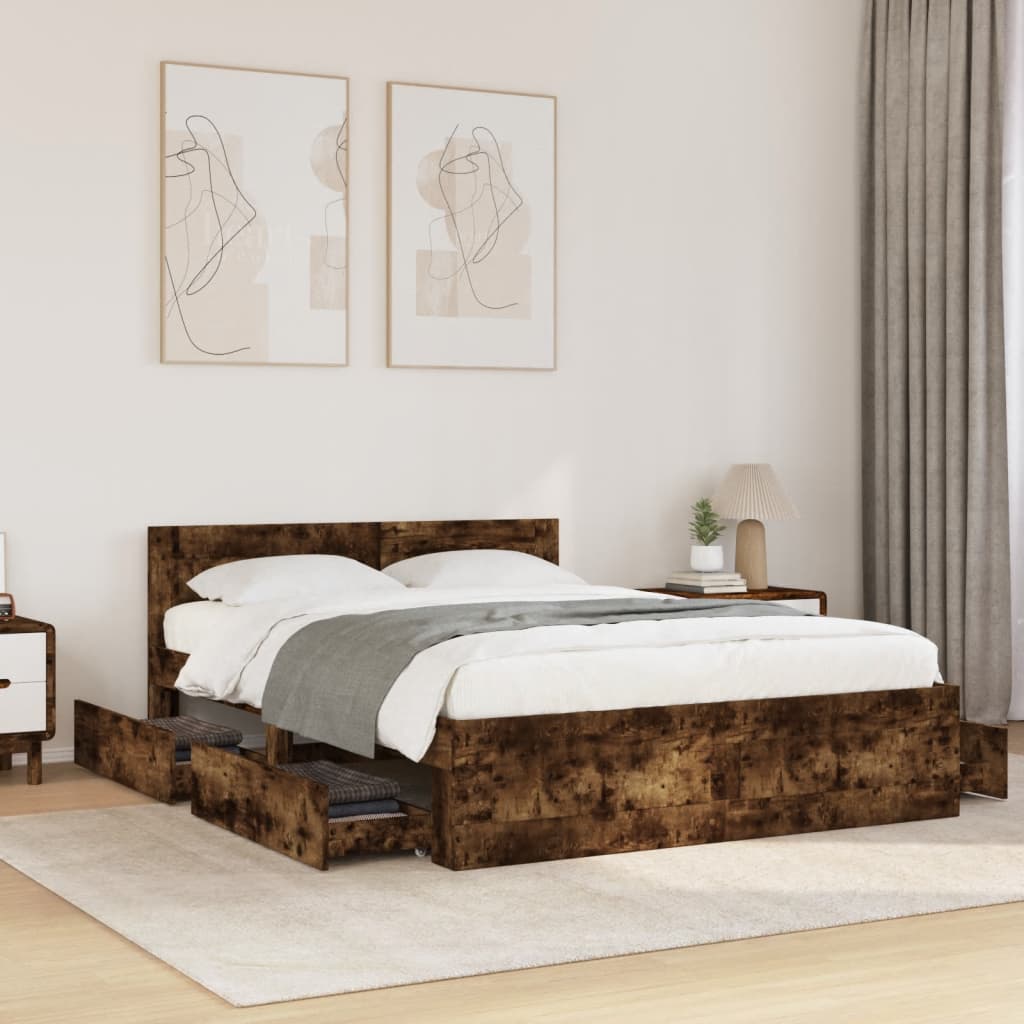 Sengeramme med sengegavl 120x190 cm - konstrueret træ, røget eg, med skuffer