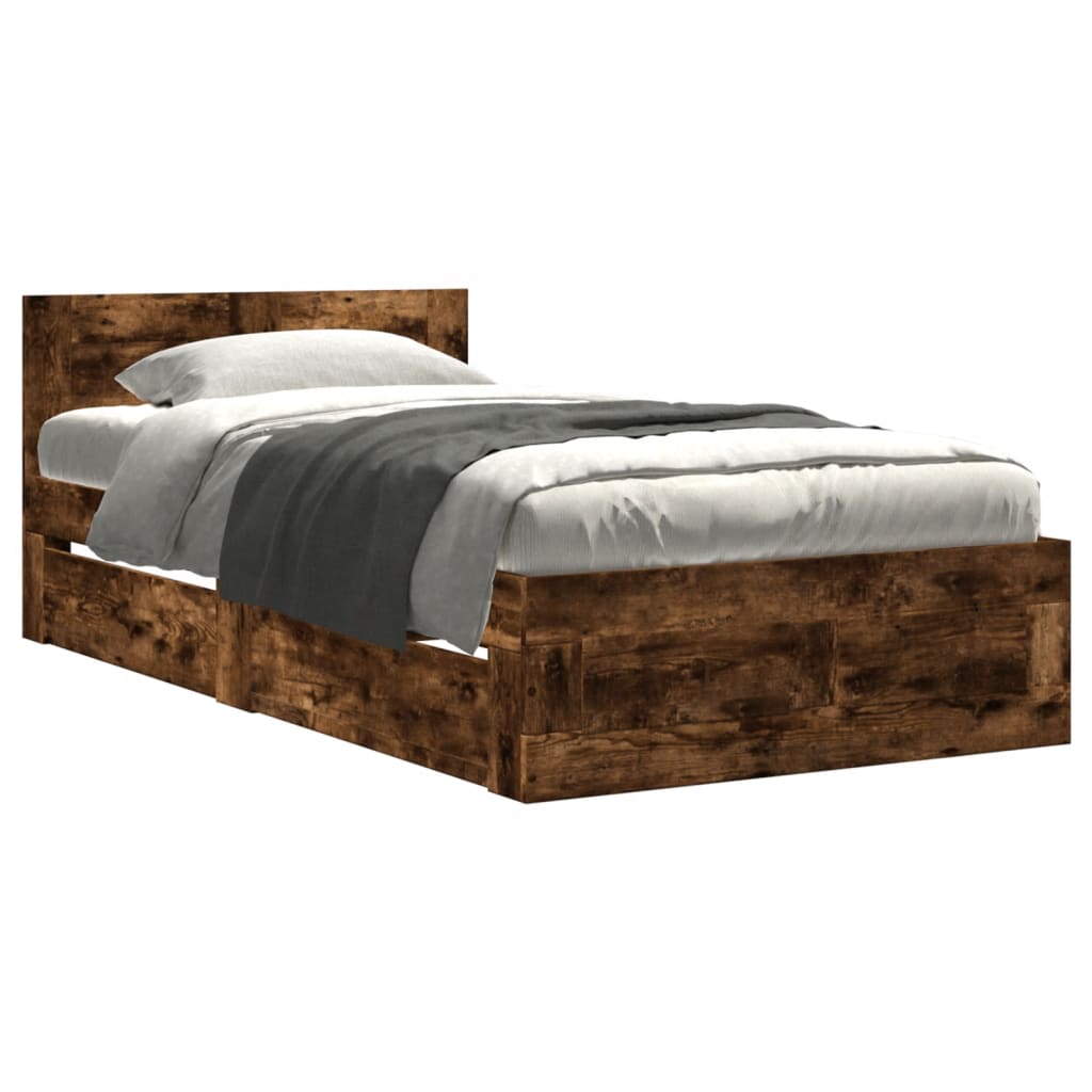 vidaXL Bedframe met hoofdbord bewerkt hout gerookt eiken 75x190 cm, foto 3