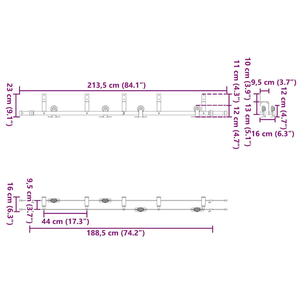 bīdāmo durvju sistēma, 213,5 cm, melns tērauds