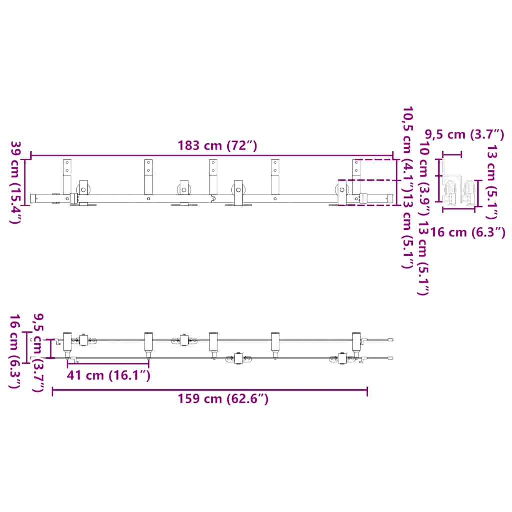bīdāmo durvju sistēma, 183 cm, melns tērauds