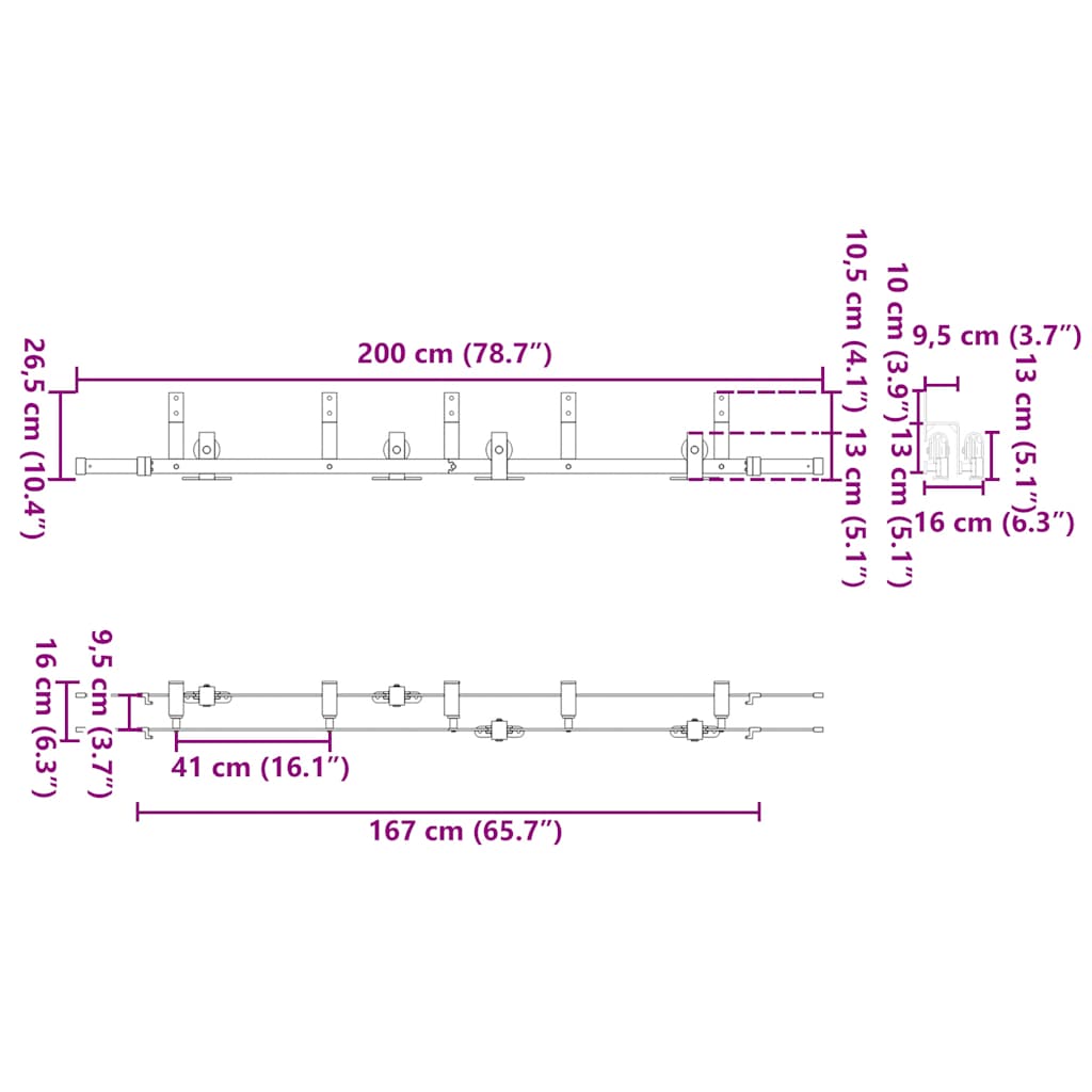 bīdāmo durvju sistēma, 200 cm, melns tērauds