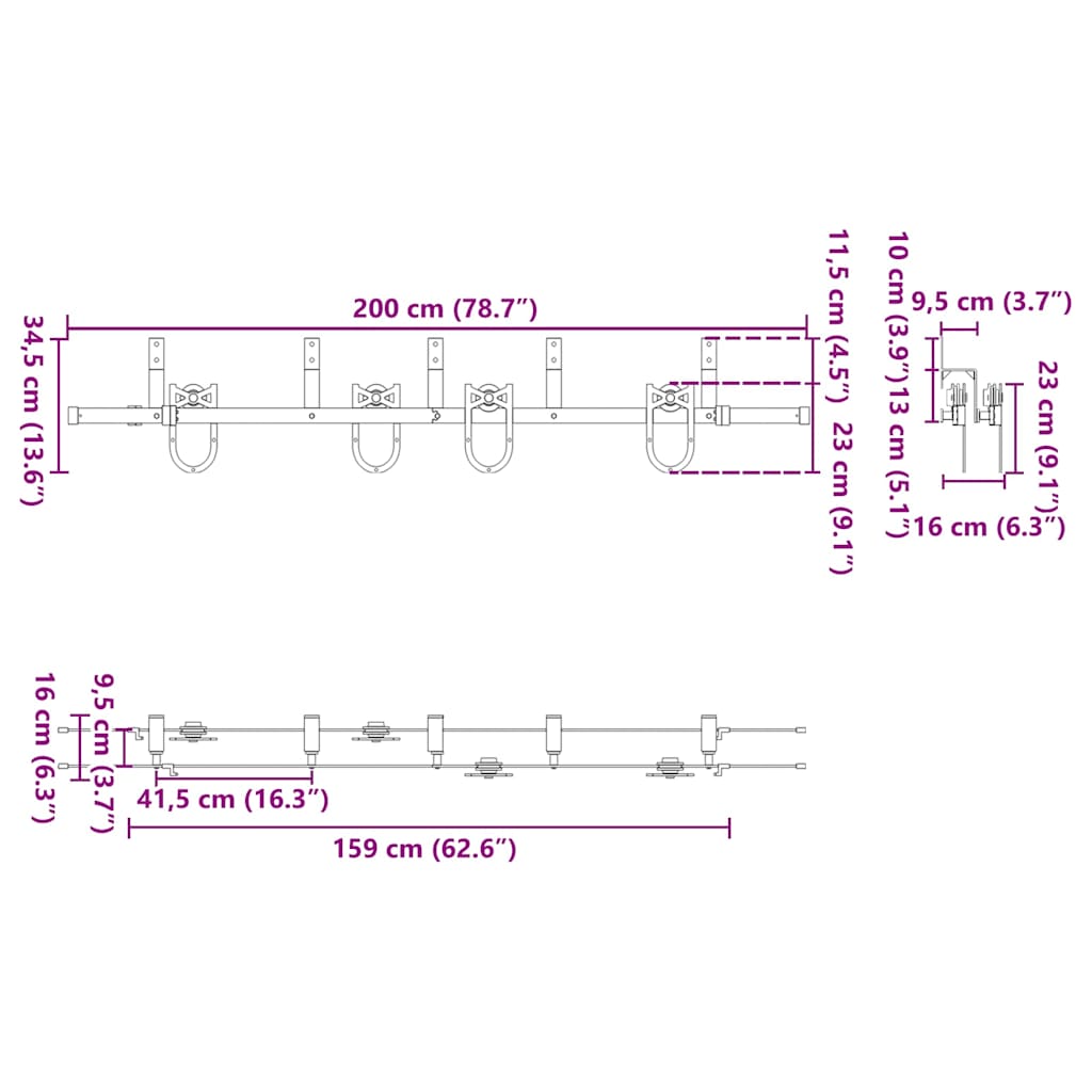 bīdāmo durvju sistēma, 200 cm, melns tērauds