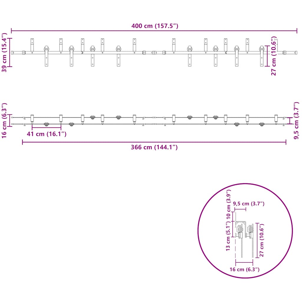 bīdāmo durvju sistēma, 400 cm, melns tērauds