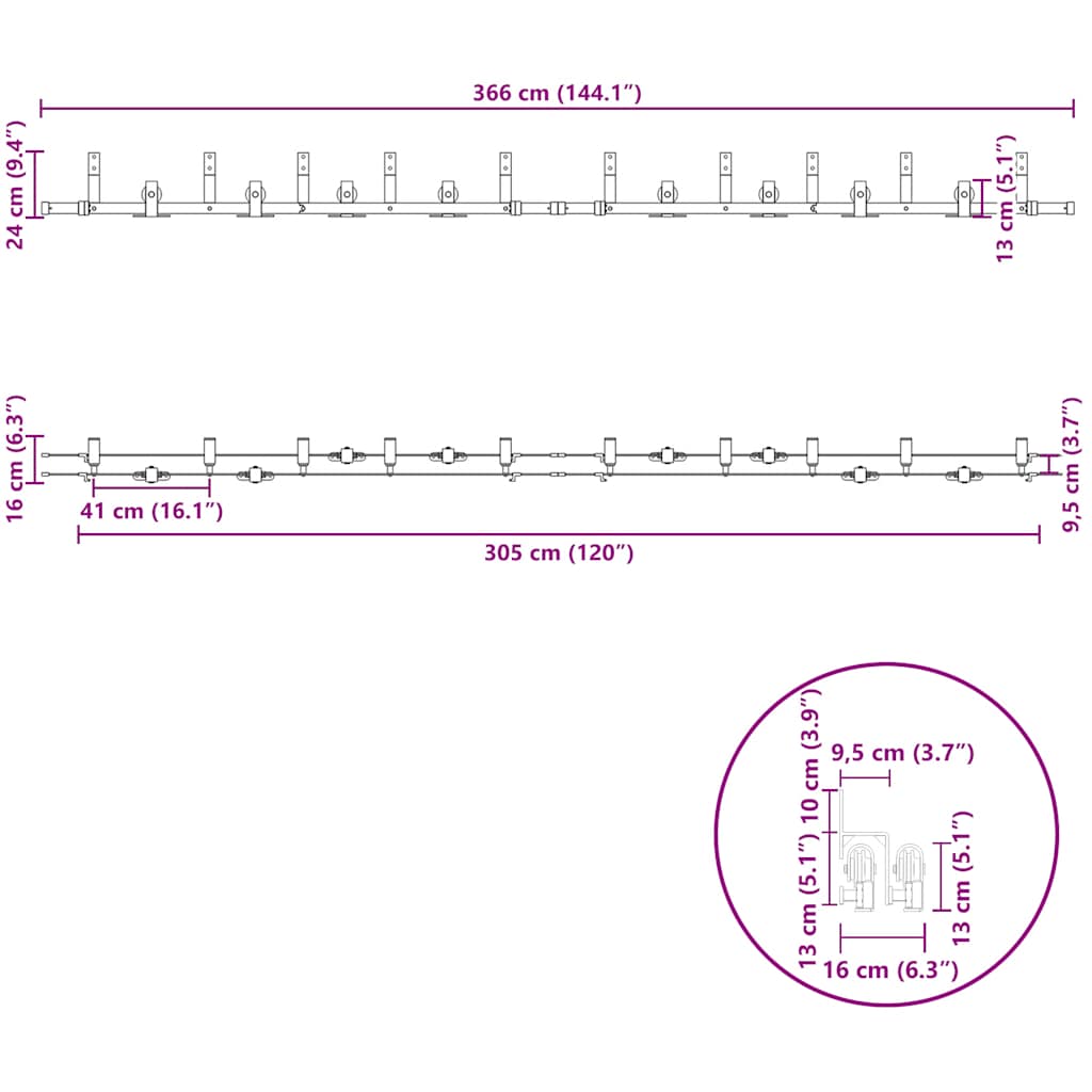bīdāmo durvju sistēma, 366 cm, melns tērauds