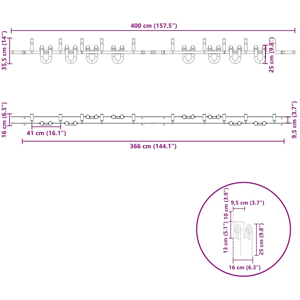 bīdāmo durvju sistēma, 400 cm, melns tērauds