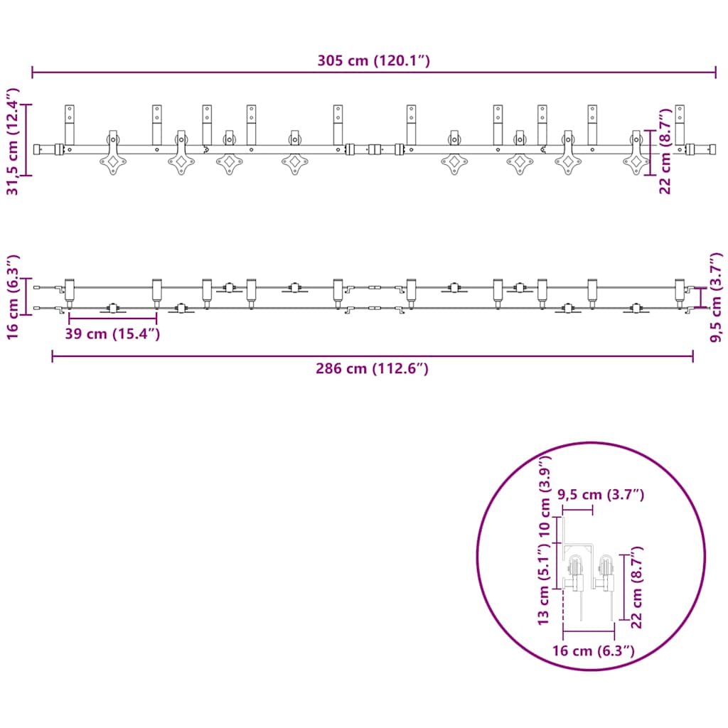 bīdāmo durvju sistēma, 305 cm, melns tērauds