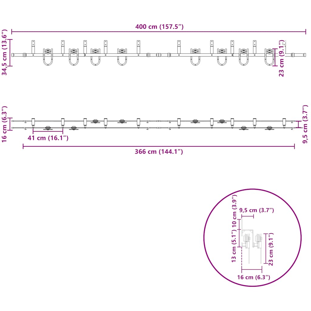 bīdāmo durvju sistēma, 400 cm, melns tērauds
