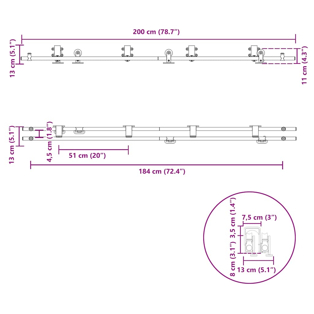 bīdāmo durvju sistēma, 200 cm, nerūsējošs tērauds