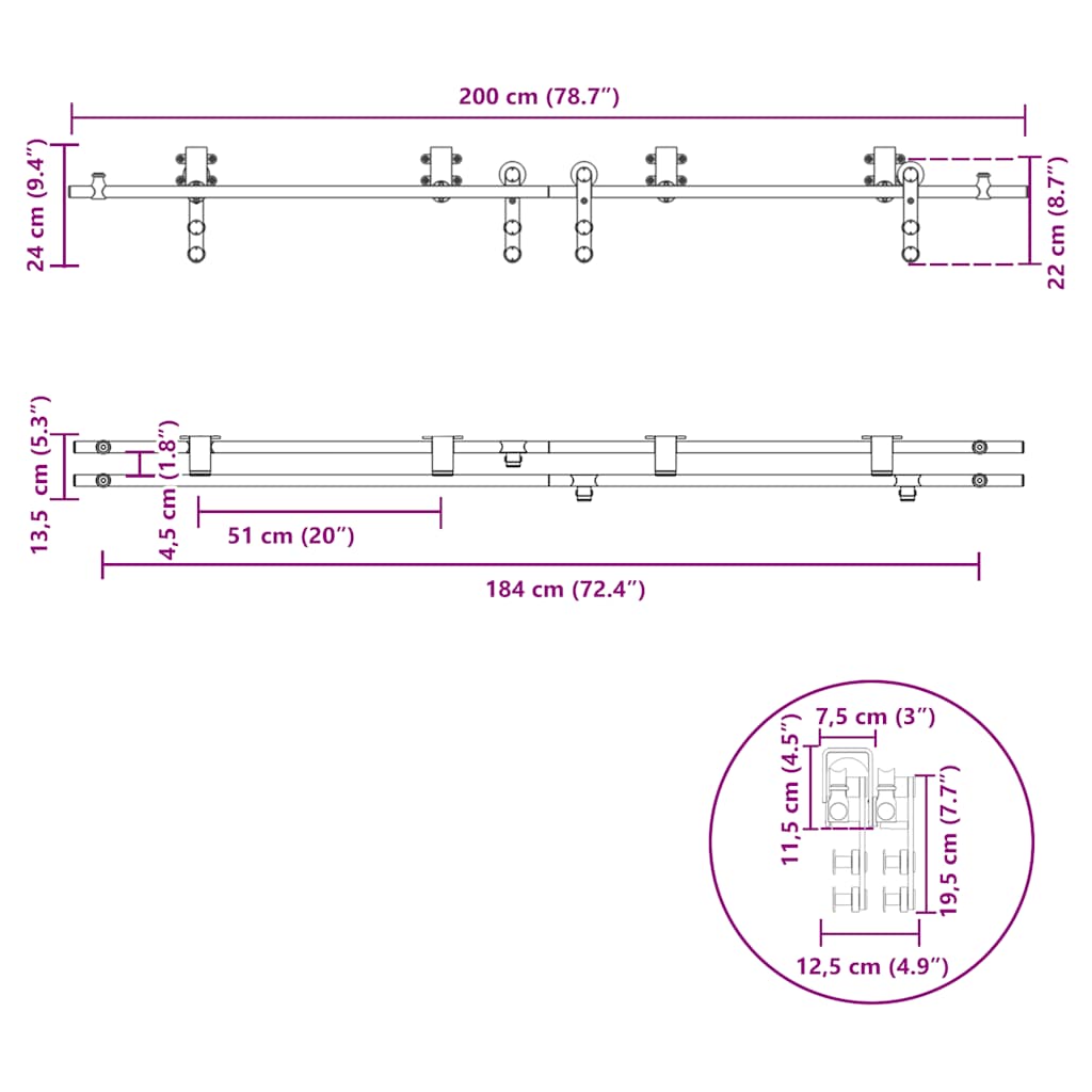bīdāmo durvju sistēma, 200 cm, nerūsējošs tērauds