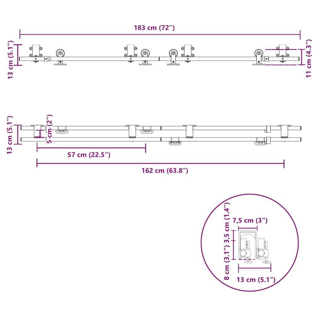bīdāmo durvju sistēma, 183 cm, nerūsējošs tērauds