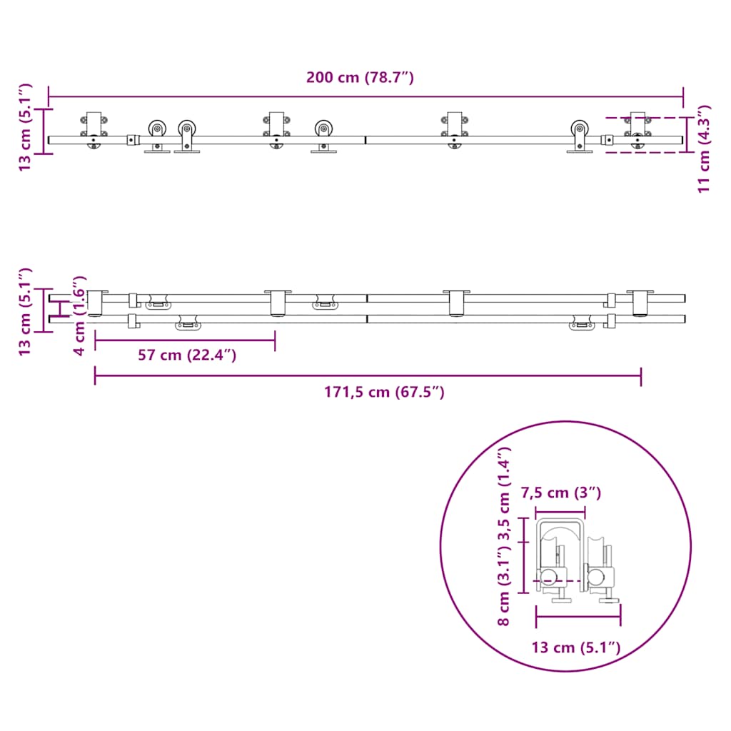 bīdāmo durvju sistēma, 200 cm, nerūsējošs tērauds
