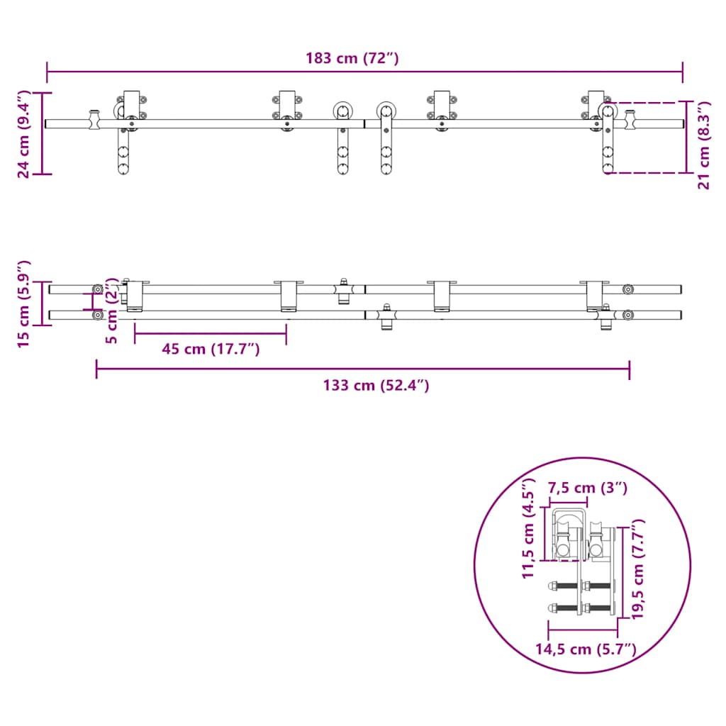 bīdāmo durvju sistēma, 183 cm, nerūsējošs tērauds
