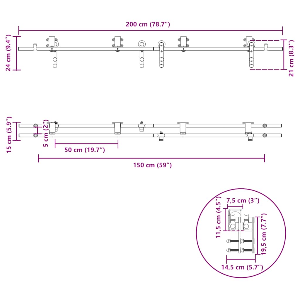 bīdāmo durvju sistēma, 200 cm, nerūsējošs tērauds