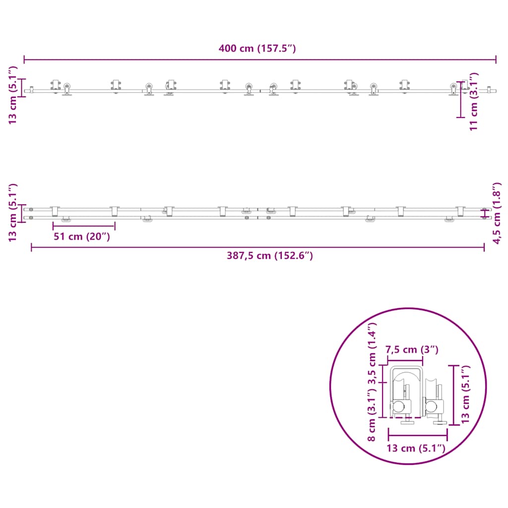 bīdāmo durvju sistēma, 400 cm, nerūsējošs tērauds