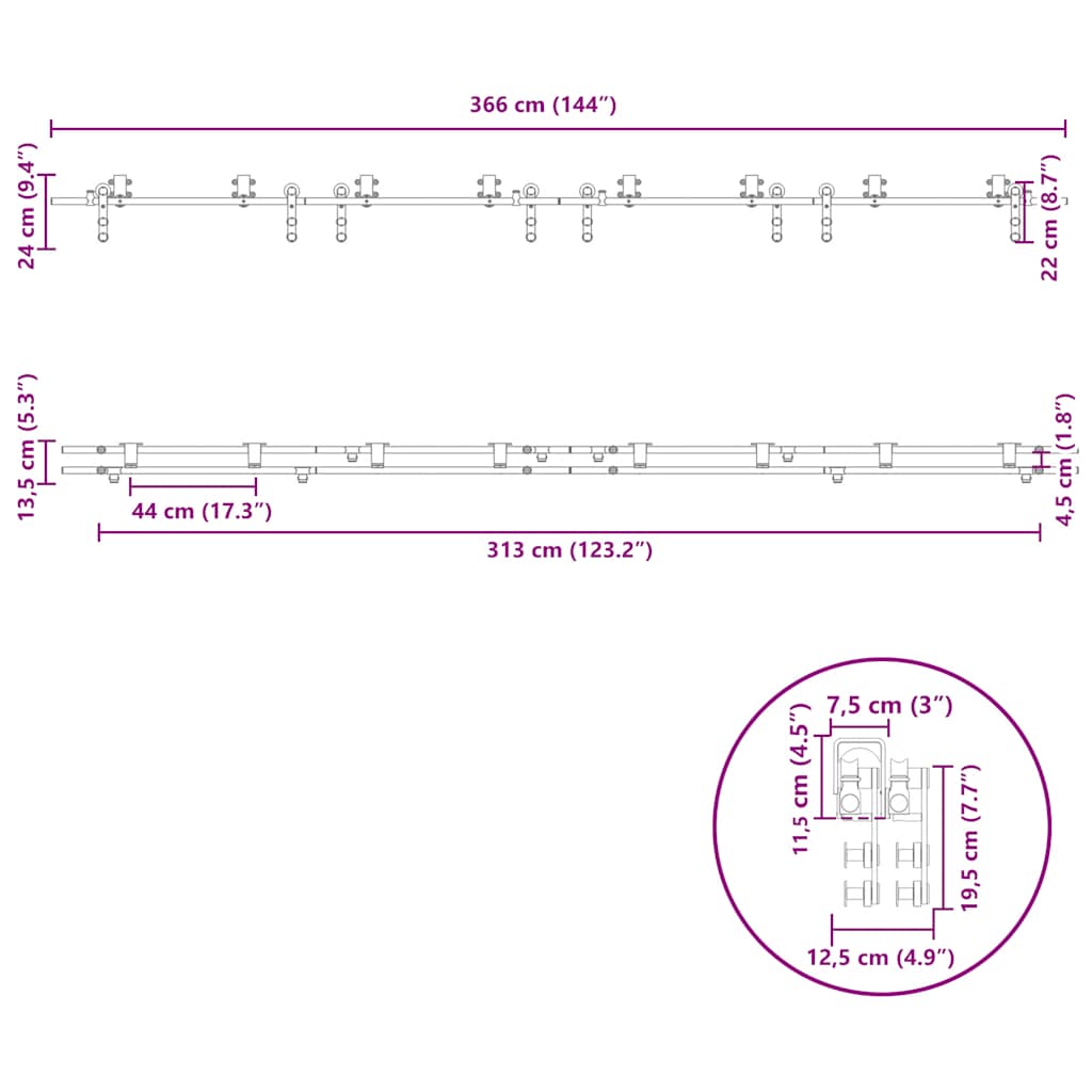 bīdāmo durvju sistēma, 366 cm, nerūsējošs tērauds