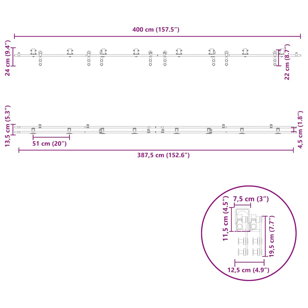 bīdāmo durvju sistēma, 400 cm, nerūsējošs tērauds