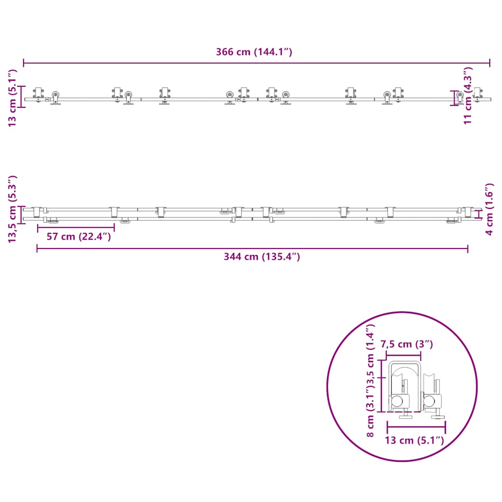 bīdāmo durvju sistēma, 366 cm, nerūsējošs tērauds