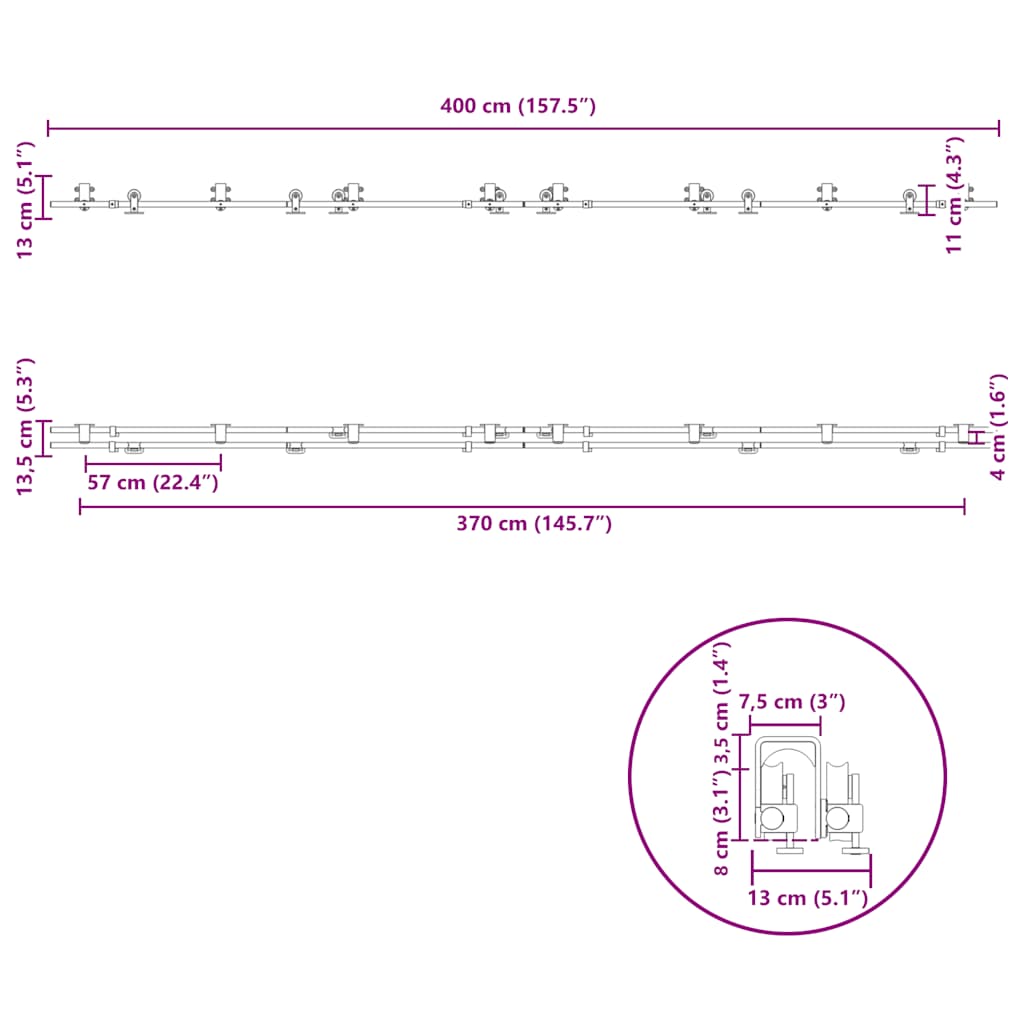bīdāmo durvju sistēma, 400 cm, nerūsējošs tērauds