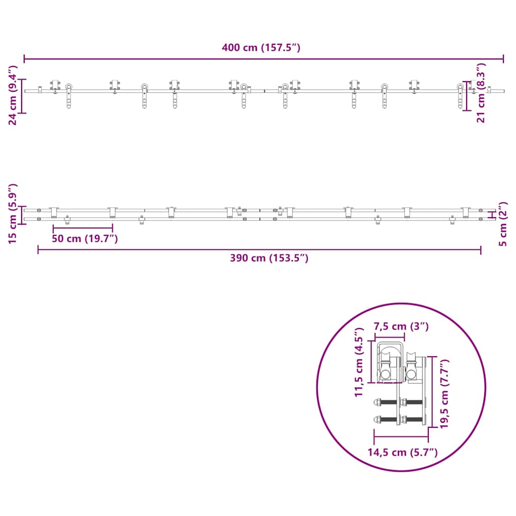 bīdāmo durvju sistēma, 400 cm, nerūsējošs tērauds
