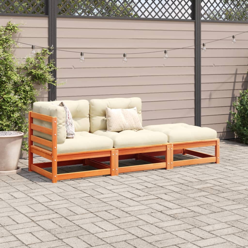 vidaXL 3-delige Loungeset met kussens massief grenenhout wasbruin afbeelding
