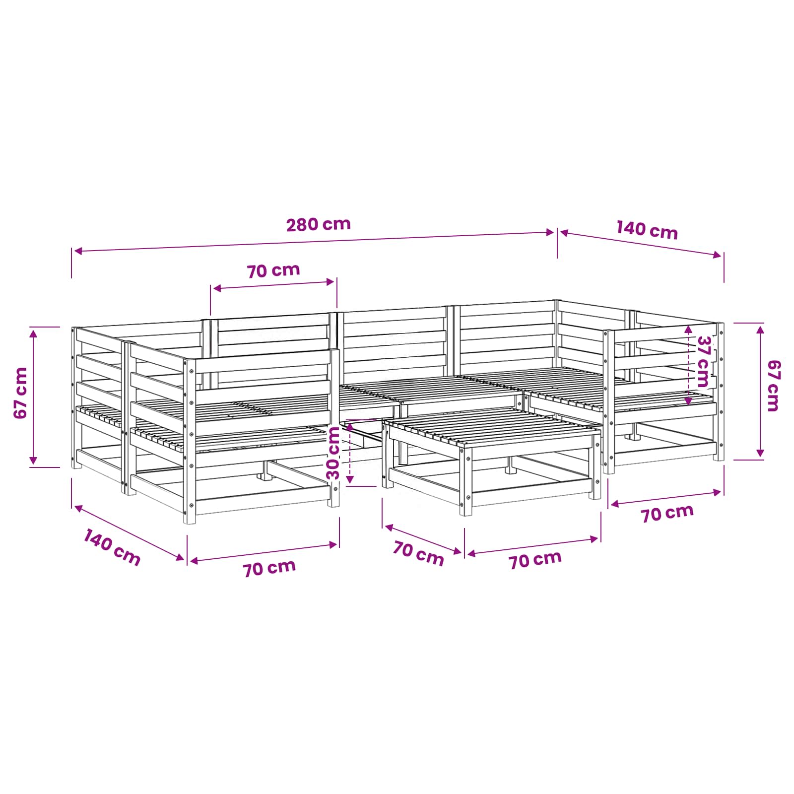 7 Piece Garden Sofa Set Impregnated Wood Pine size guide