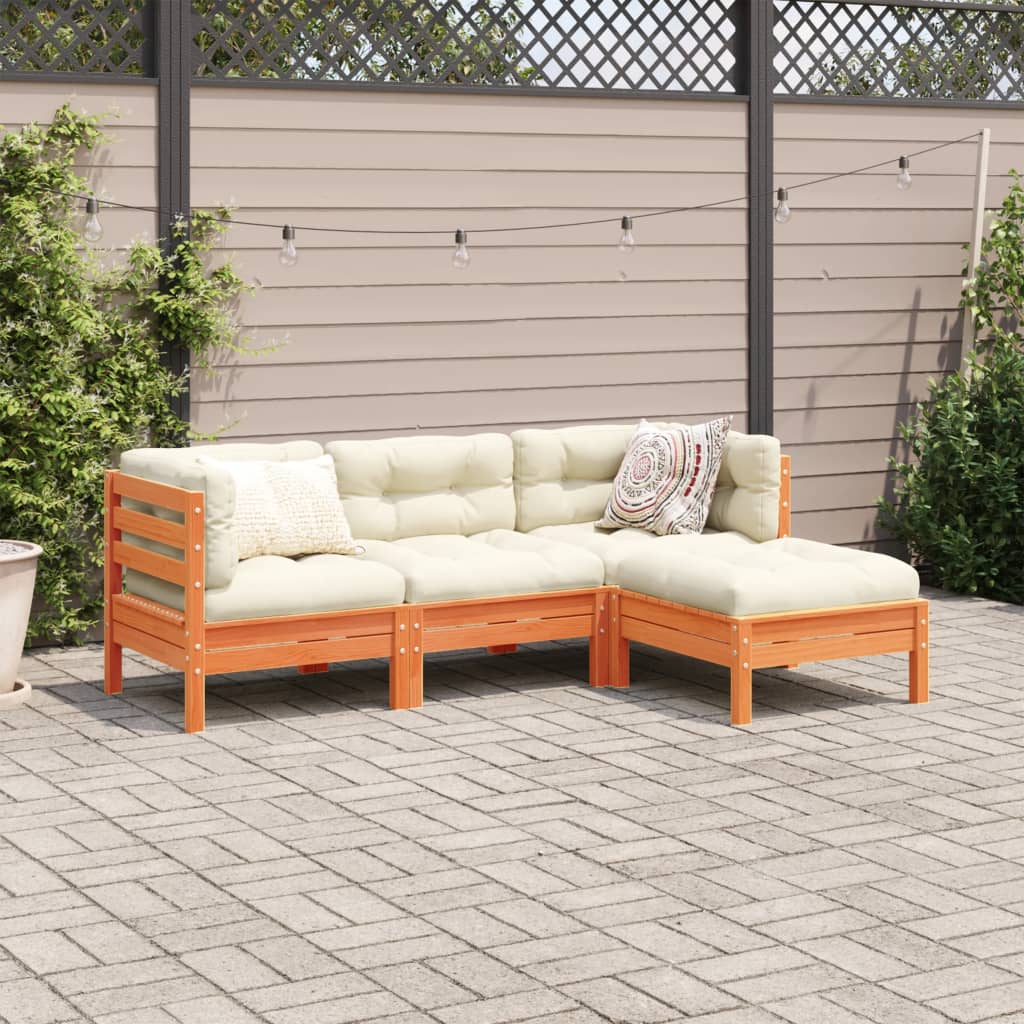 vidaXL 4-delige Loungeset met kussens massief grenenhout wasbruin afbeelding