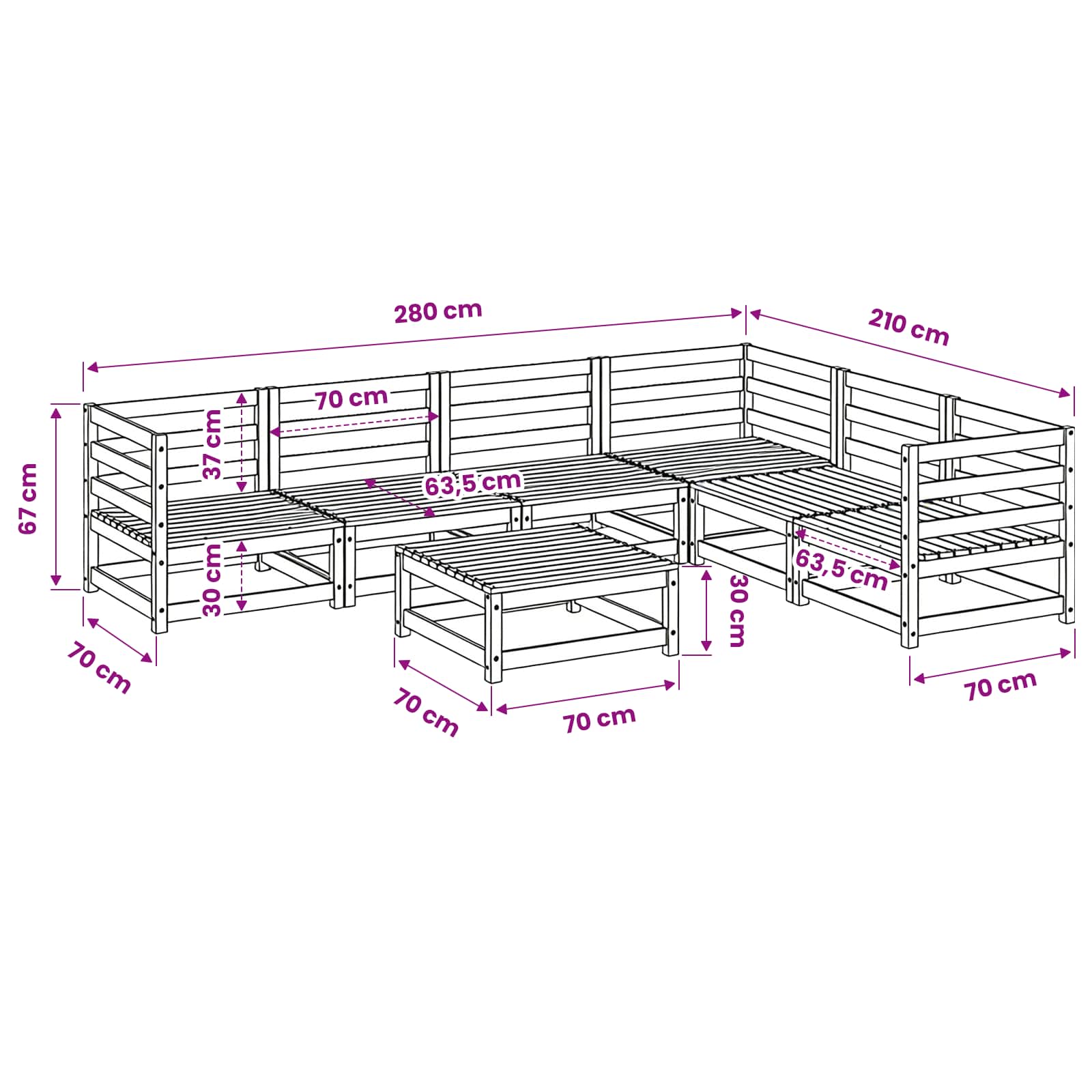 7 Piece Garden Sofa Set Solid Wood Pine size guide