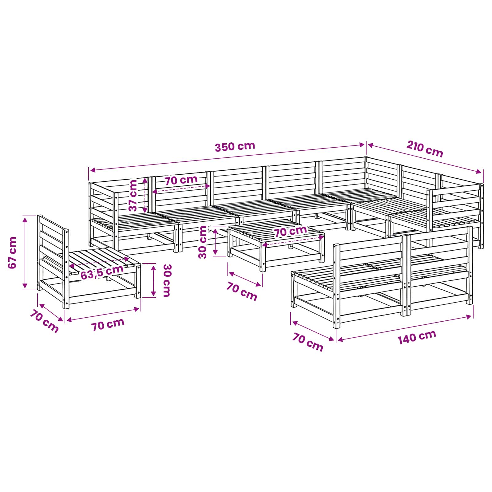 11 Piece Garden Sofa Set Solid Wood Pine size guide