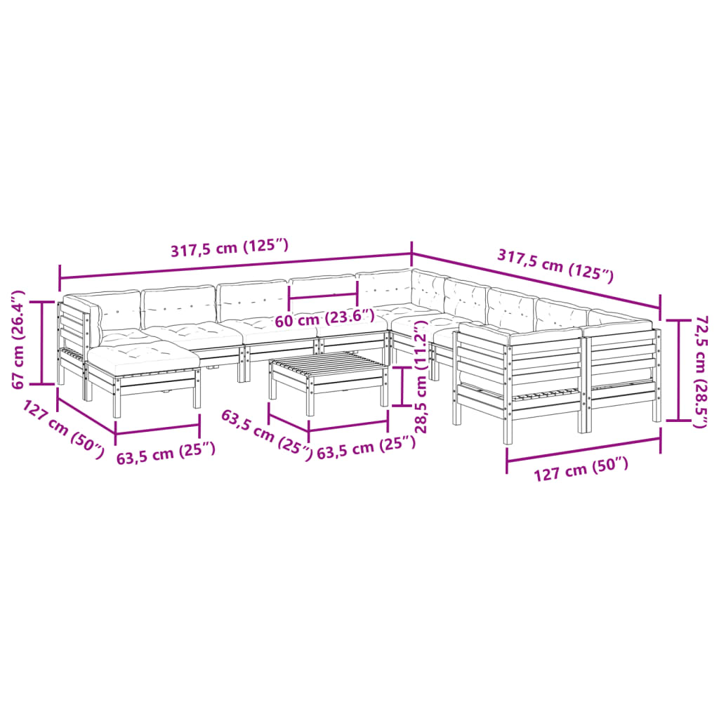 12-delige Loungeset met kussens massief grenenhout wasbruin image 14
