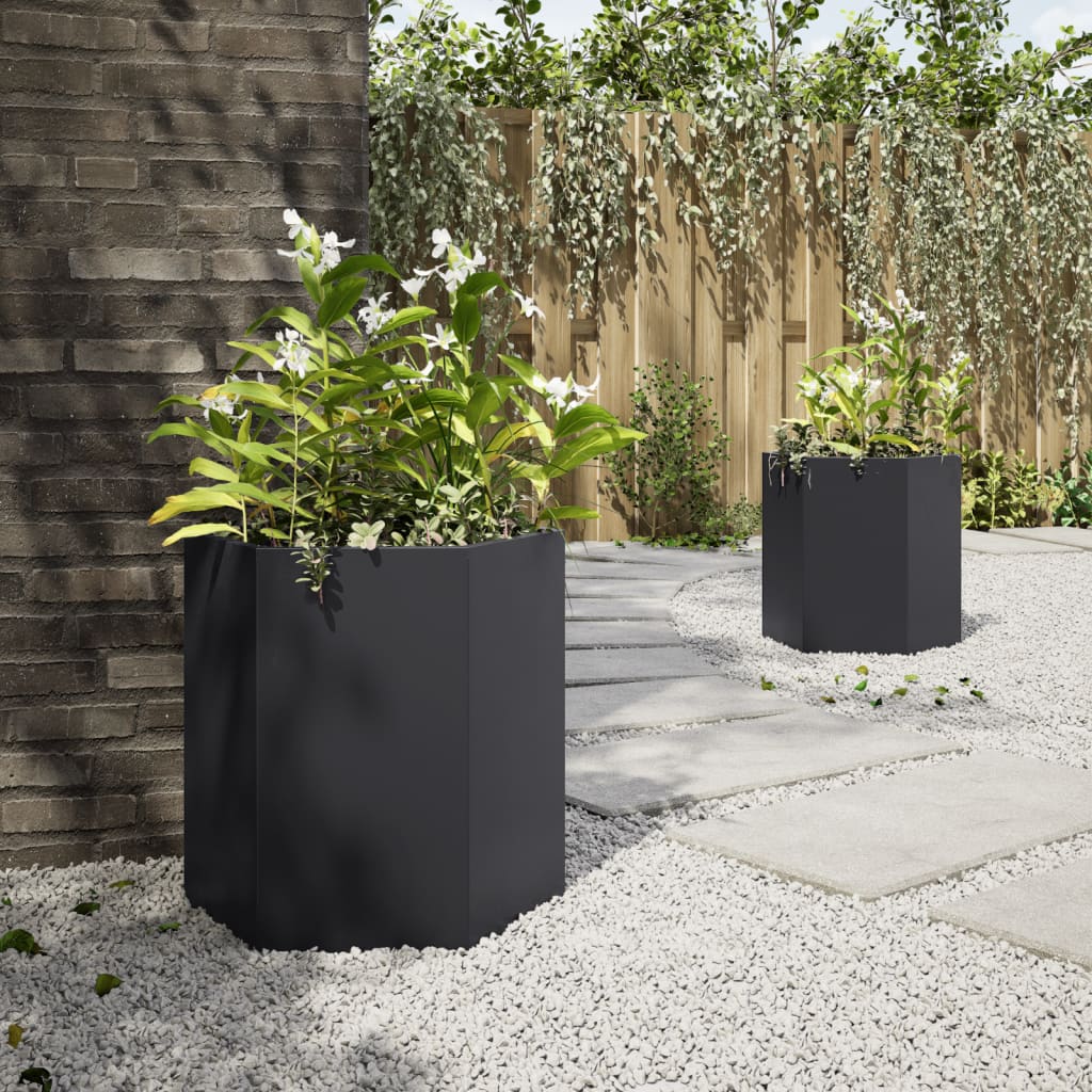 vidaXL Plantenbakken 2 st zeshoek 46x40x45 cm staal zwart afbeelding