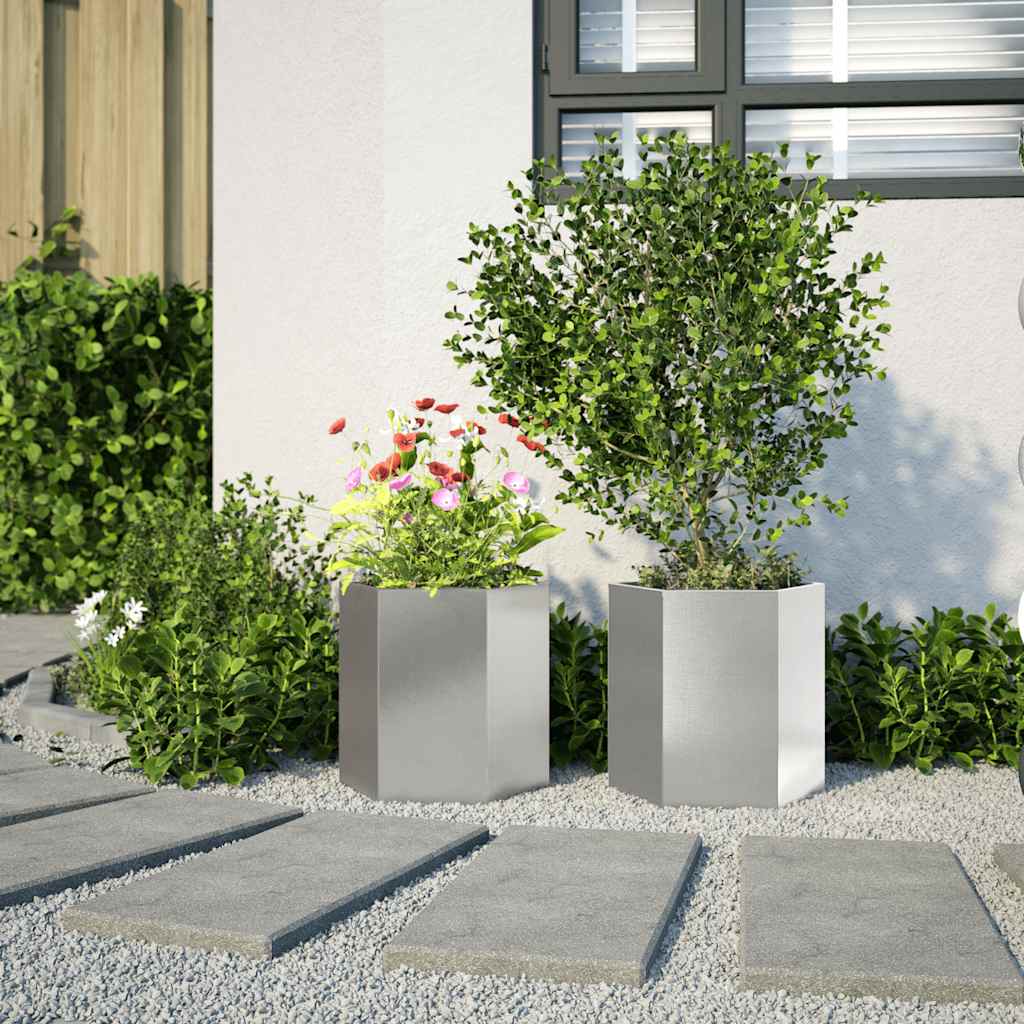 vidaXL Plantenbakken 2 st zeshoek 46x40x45 cm roestvrijstaal afbeelding