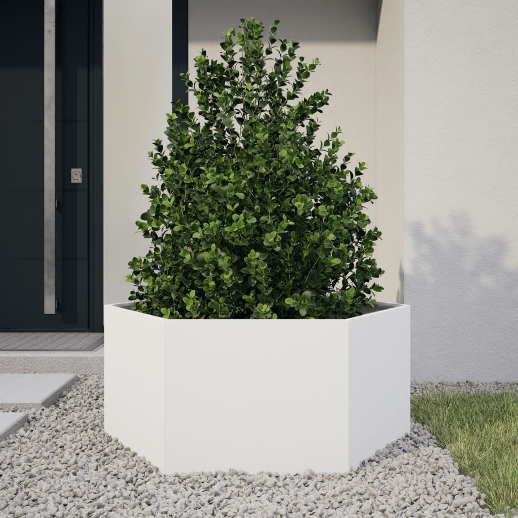 vidaXL Plantenbak zeshoek 104x90x45 cm staal wit afbeelding