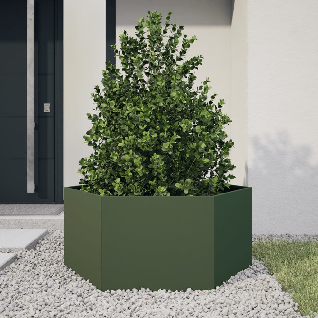 vidaXL Plantenbak zeshoek 104x90x45 cm staal olijfgroen afbeelding