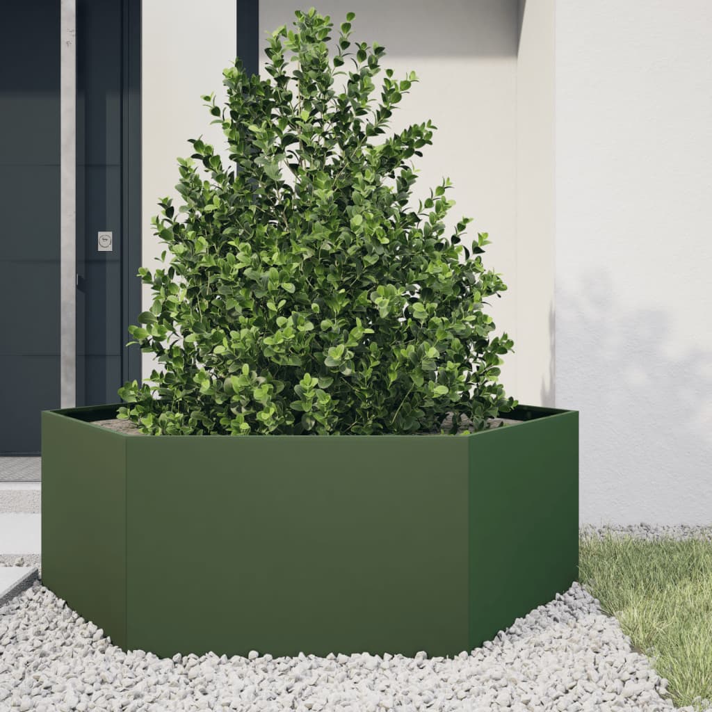 Fioriera da Giardino Verde Oliva Esagono 138x120x45 cm Acciaio