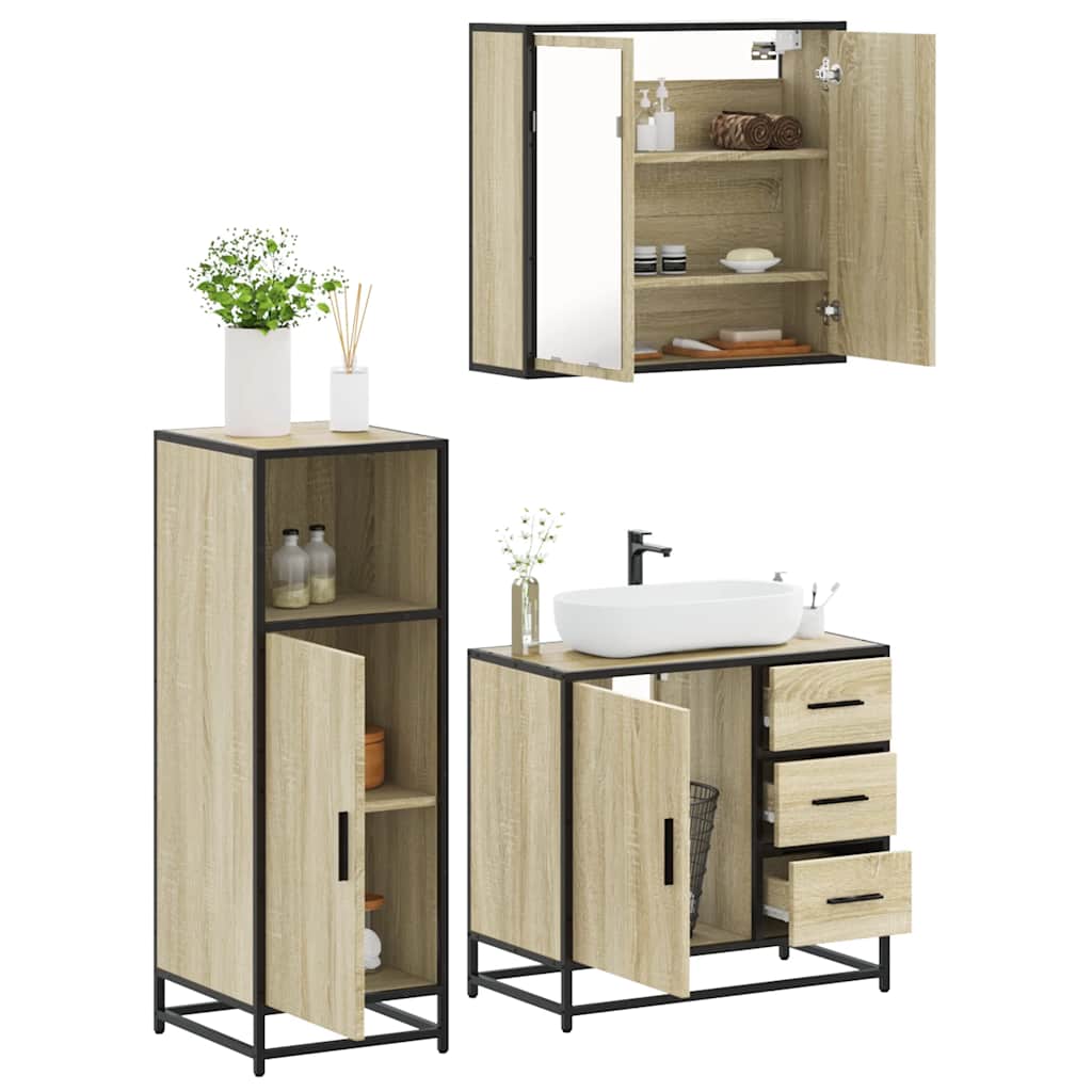 vidaXL Set mobilier de baie, 3 piese, stejar sonoma, lemn prelucrat