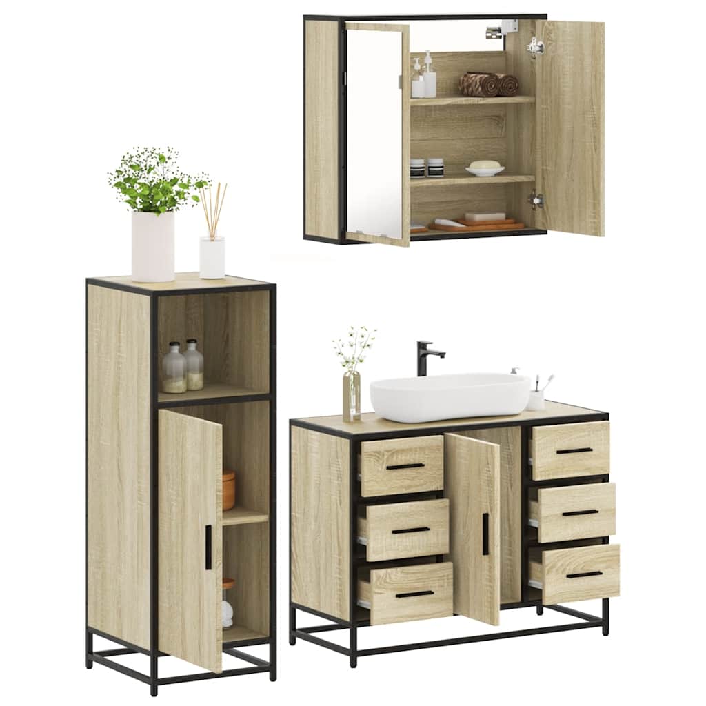 vidaXL Set mobilier de baie, 3 piese, stejar sonoma, lemn prelucrat