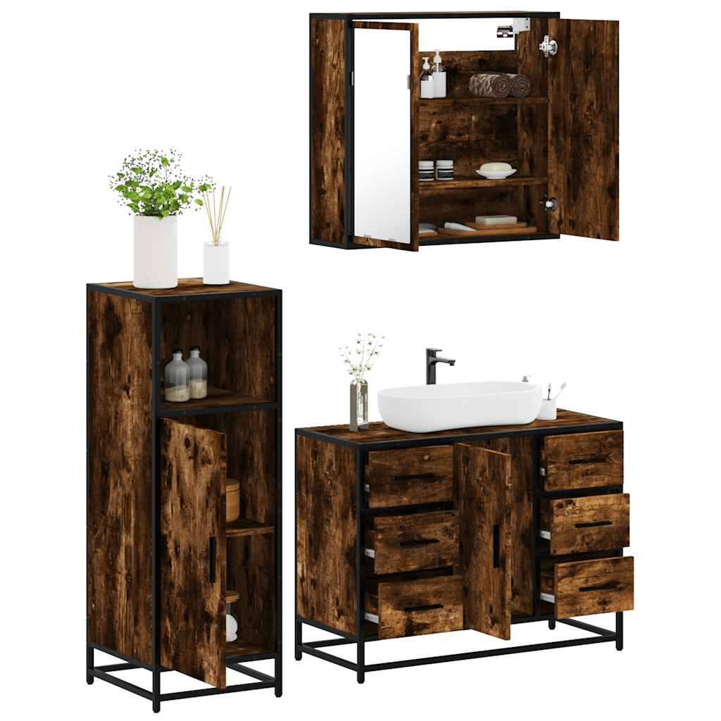 vidaXL Set mobilier de baie, 3 piese, stejar fumuriu, lemn prelucrat