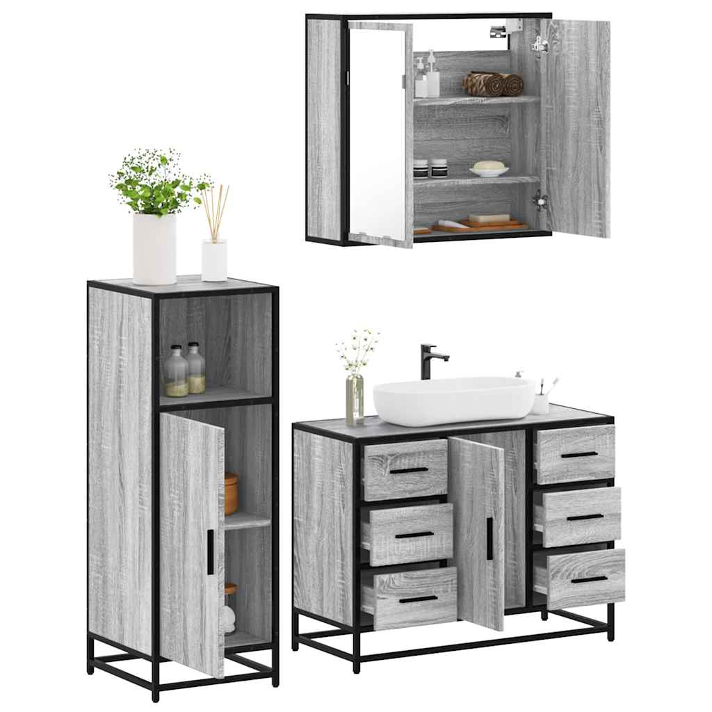 vidaXL Set mobilier de baie, 3 piese, gri sonoma, lemn prelucrat