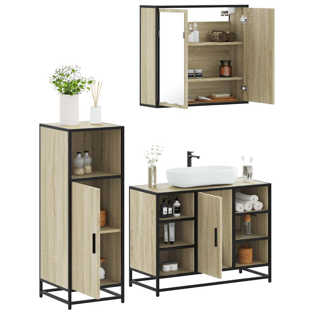 vidaXL Set mobilier de baie, 3 piese, stejar sonoma, lemn prelucrat