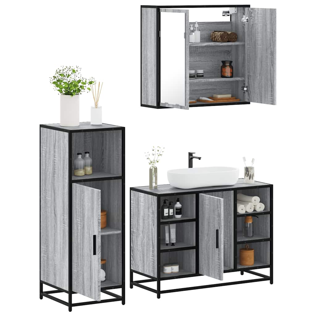 vidaXL Set mobilier de baie, 3 piese, gri sonoma, lemn prelucrat
