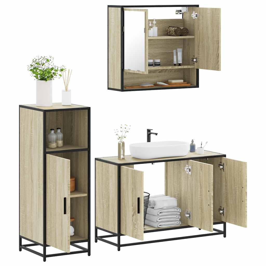 vidaXL Set mobilier de baie, 3 piese, stejar sonoma, lemn prelucrat