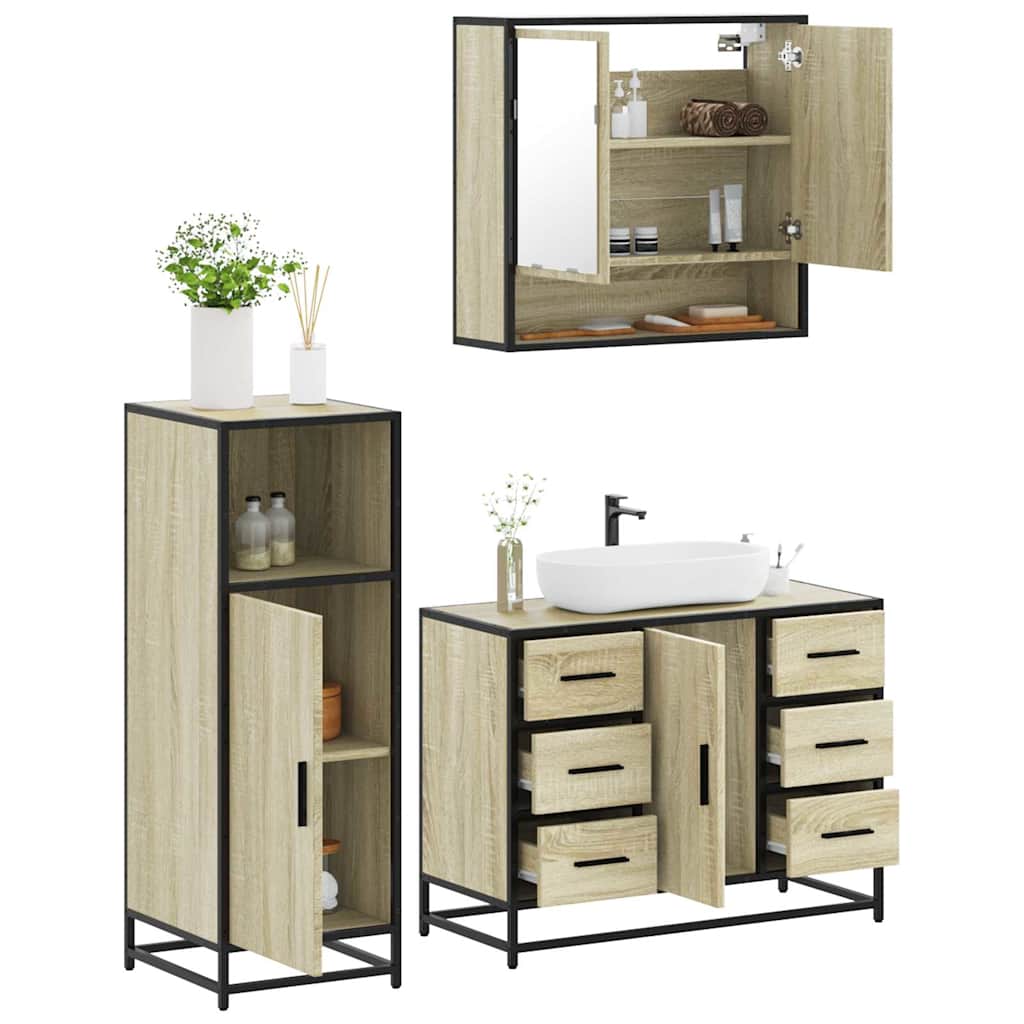 vidaXL Set mobilier de baie, 3 piese, stejar sonoma, lemn prelucrat