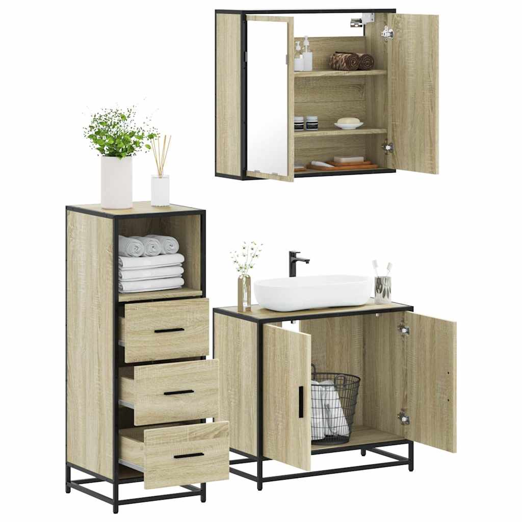 vidaXL Set mobilier de baie, 3 piese, stejar sonoma, lemn prelucrat