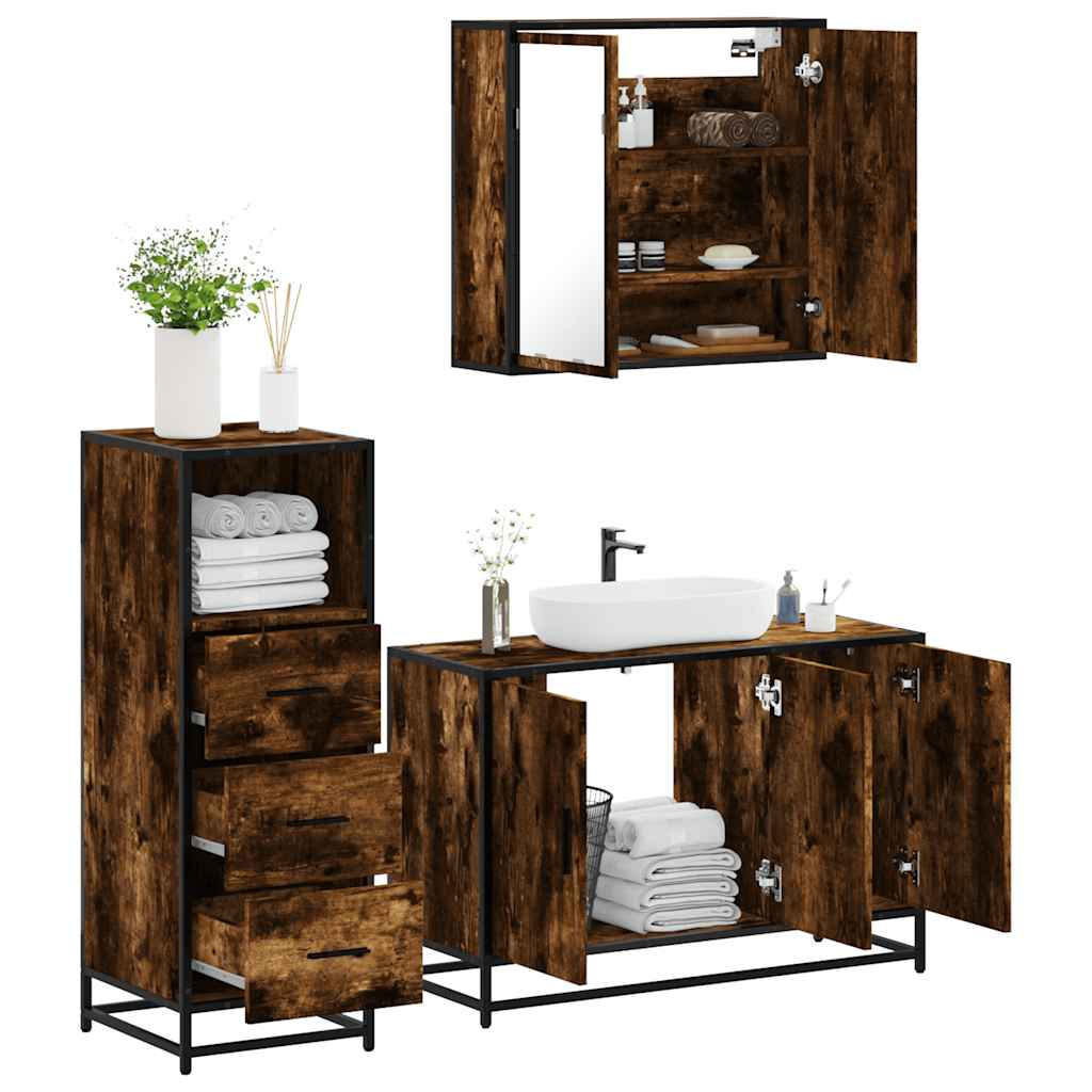 vidaXL Set mobilier de baie, 3 piese, stejar fumuriu, lemn prelucrat