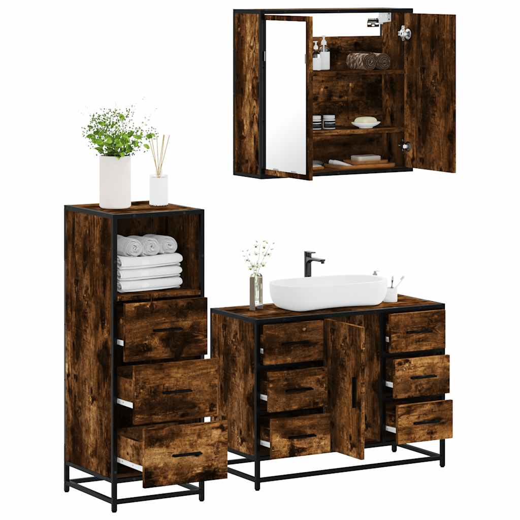vidaXL Set mobilier de baie, 3 piese, stejar fumuriu, lemn prelucrat