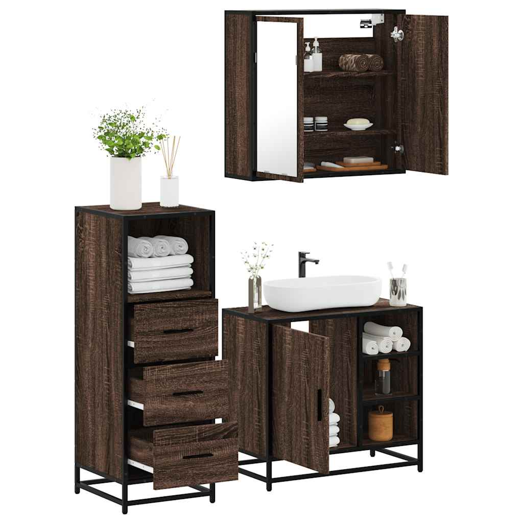 vidaXL Set mobilier de baie, 3 piese, stejar maro, lemn prelucrat