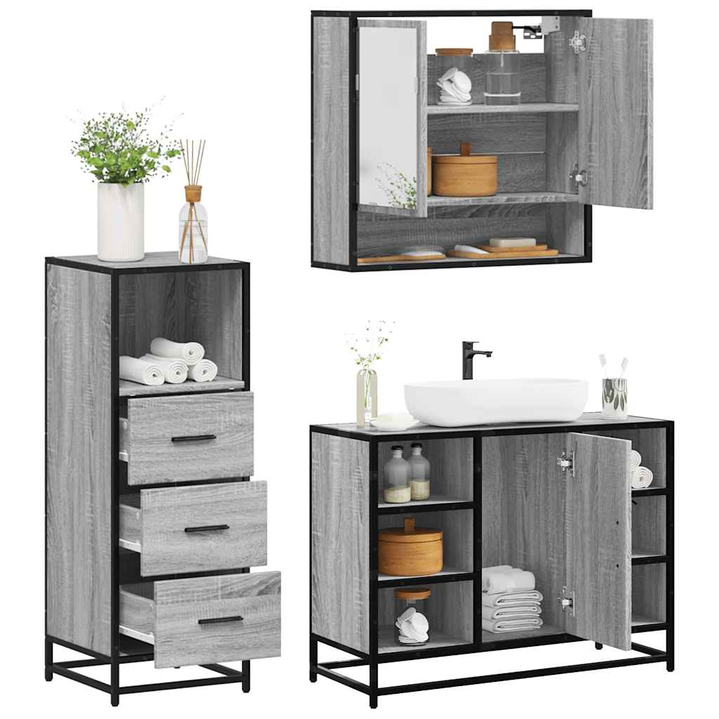 vidaXL Set mobilier de baie, 3 piese, gri sonoma, lemn prelucrat
