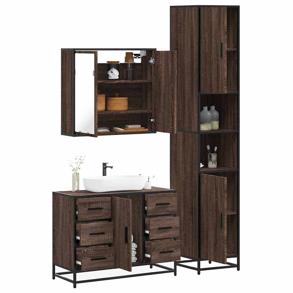 vidaXL Set mobilier de baie, 3 piese, stejar maro, lemn prelucrat